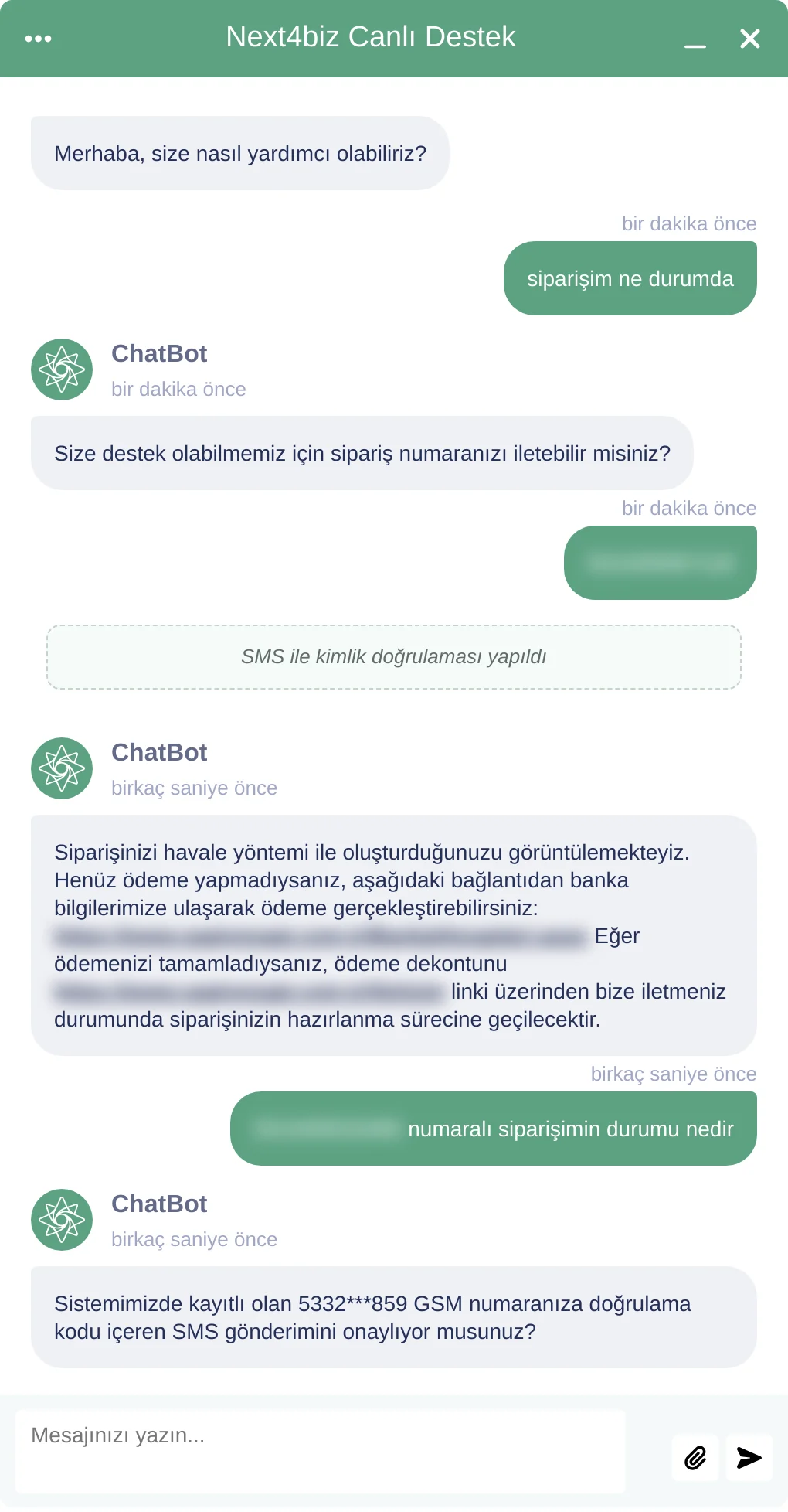 Başka bir kişiye ait sipariş sorulduğunda botun yeniden doğrulama istediği konuşma