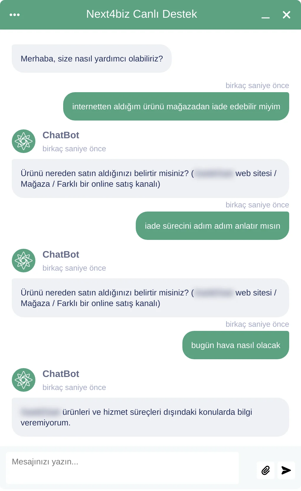 Müşteri hizmetleri kapsamı dışındaki bir soruda botun sınırını belirttiği konuşma
