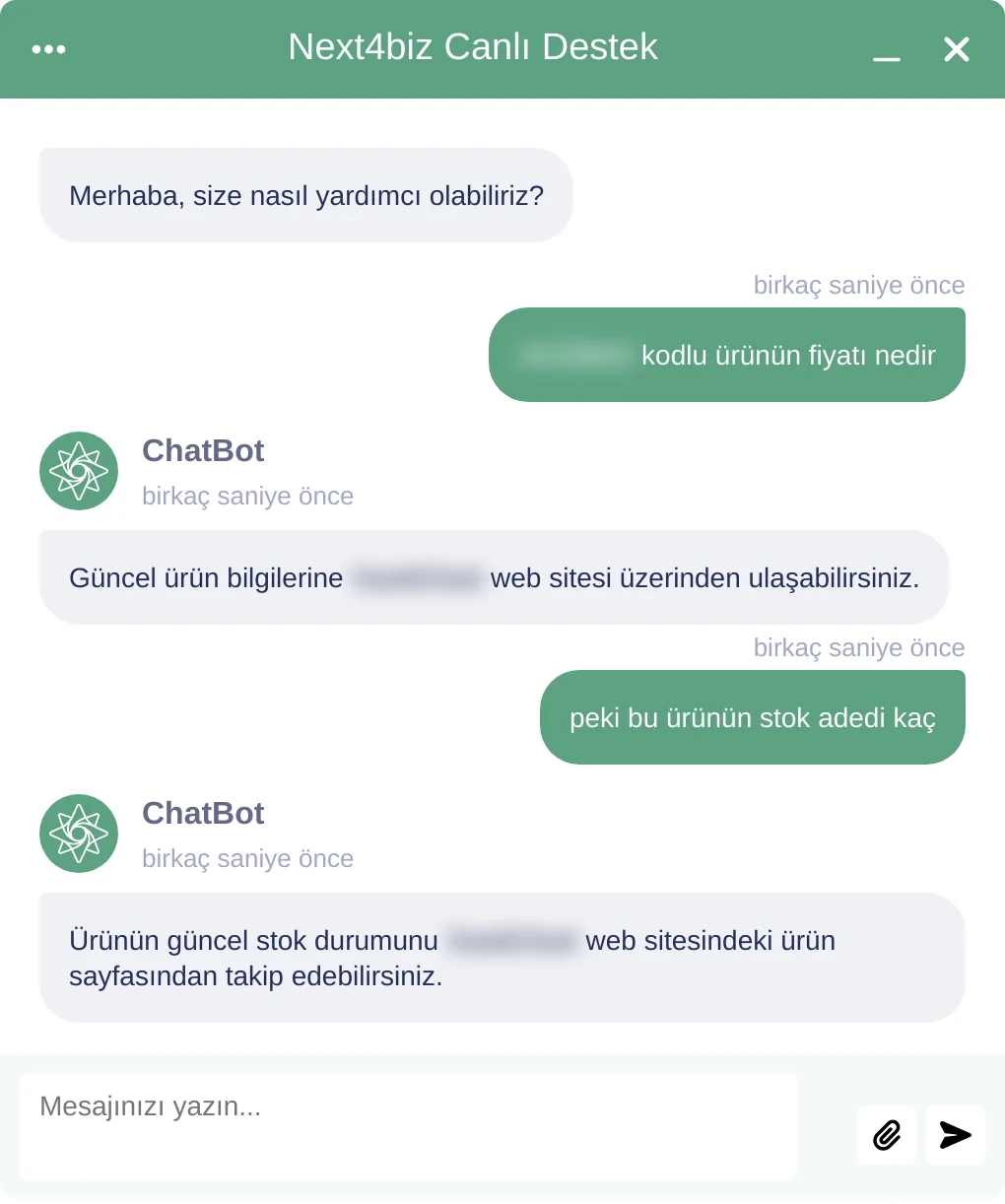 Bilgi tabanında olmayan bir ürün sorulduğunda botun tahmin yürütmeyip doğru kaynağa yönlendirdiği konuşma