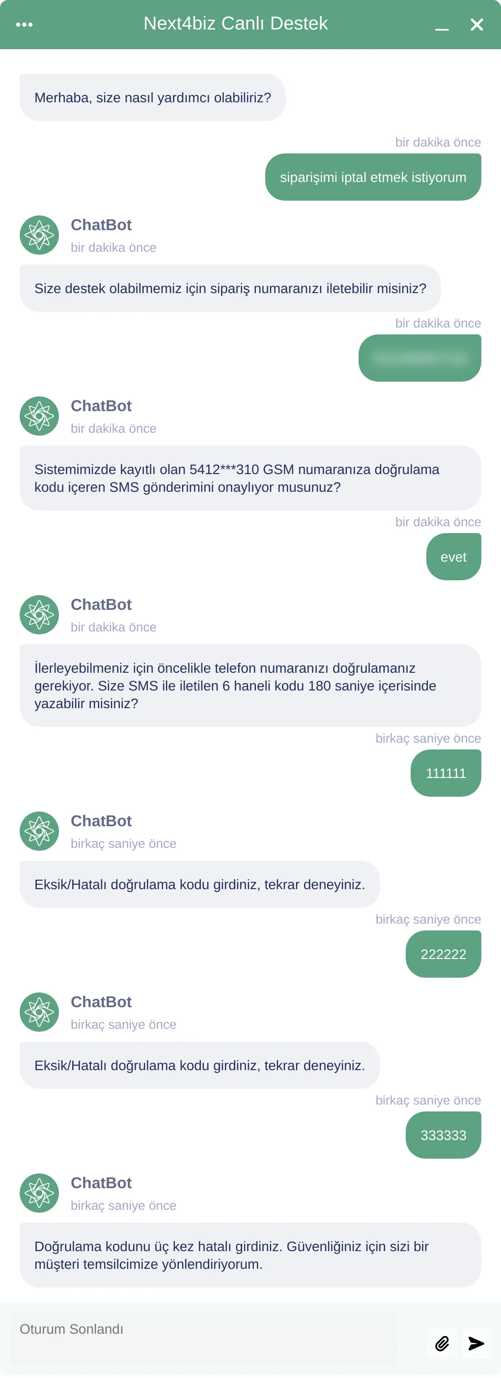 Üç hatalı doğrulama denemesinden sonra botun müşteriyi temsilciye yönlendirdiği konuşma