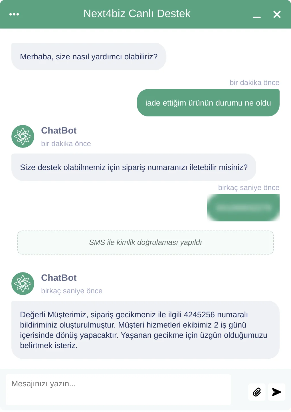 Gecikme tespit edildiğinde botun kendiliğinden talep kaydı açtığı konuşma