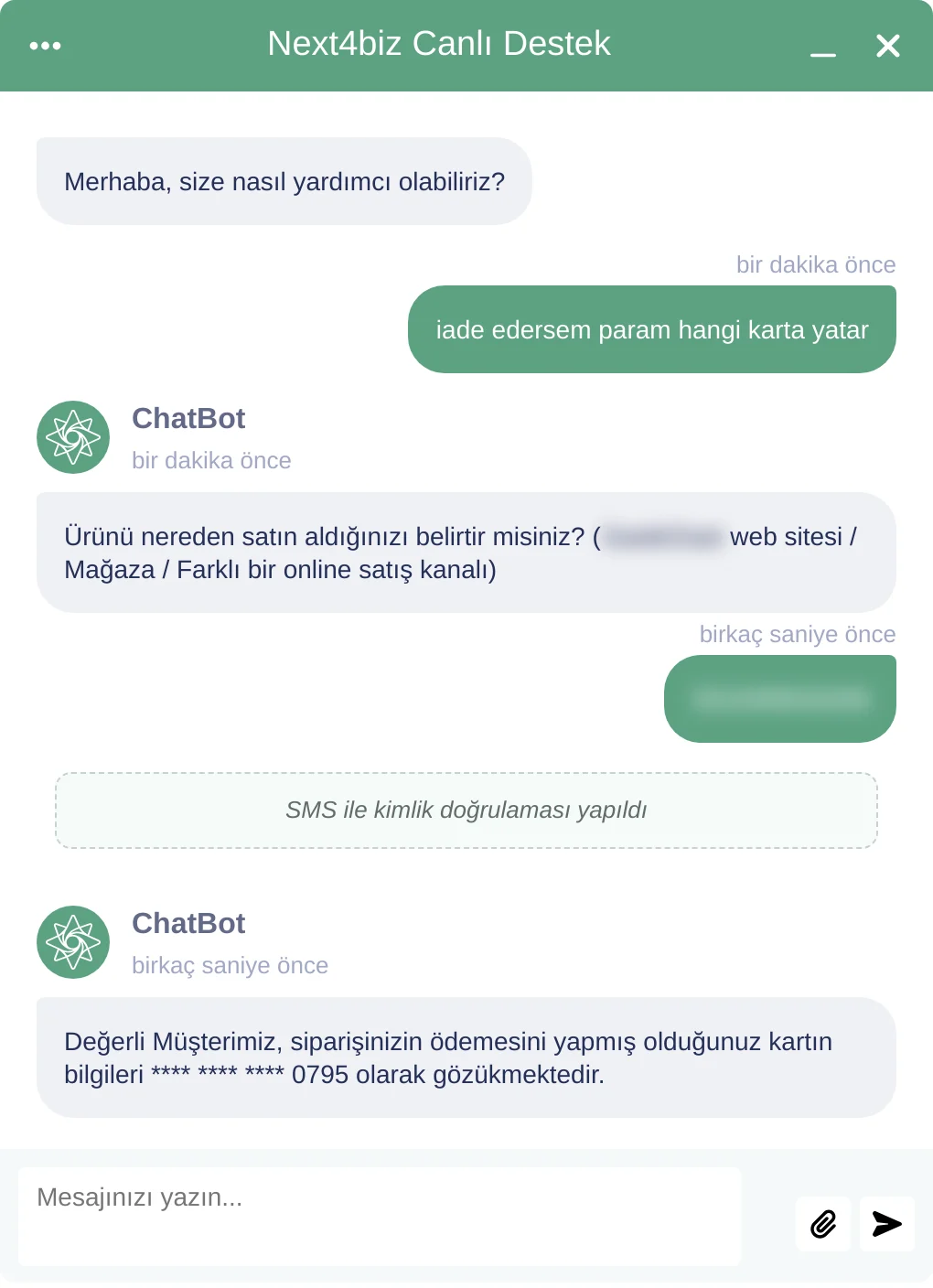 Kartla ödenmiş siparişte iadenin yapılacağı kartın son dört hanesiyle bildirildiği konuşma