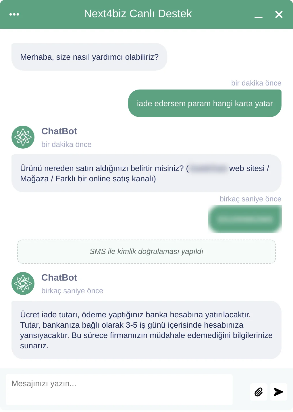 Havale ile ödenmiş siparişte iadenin banka hesabına yapılacağının bildirildiği konuşma