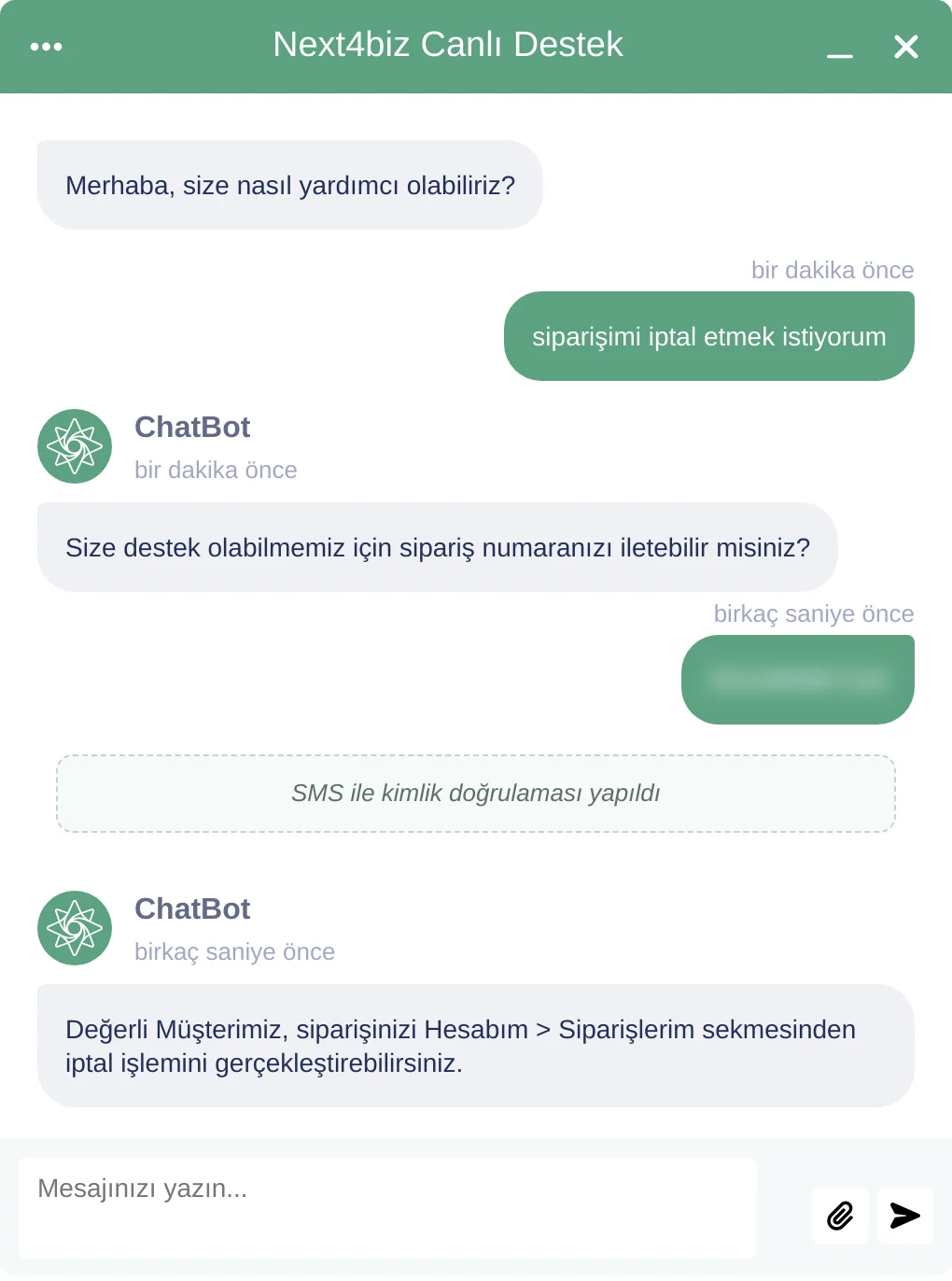Henüz hazırlanmayan siparişte iptalin mümkün olduğunu bildiren konuşma