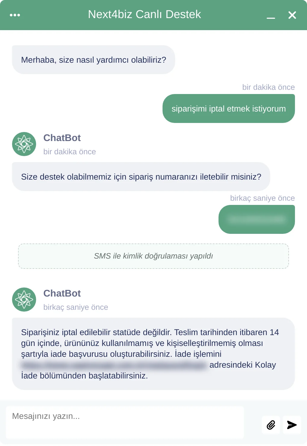 Teslim edilmiş siparişte iptal edilemez yanıtı ve alternatif yolun sunulduğu konuşma