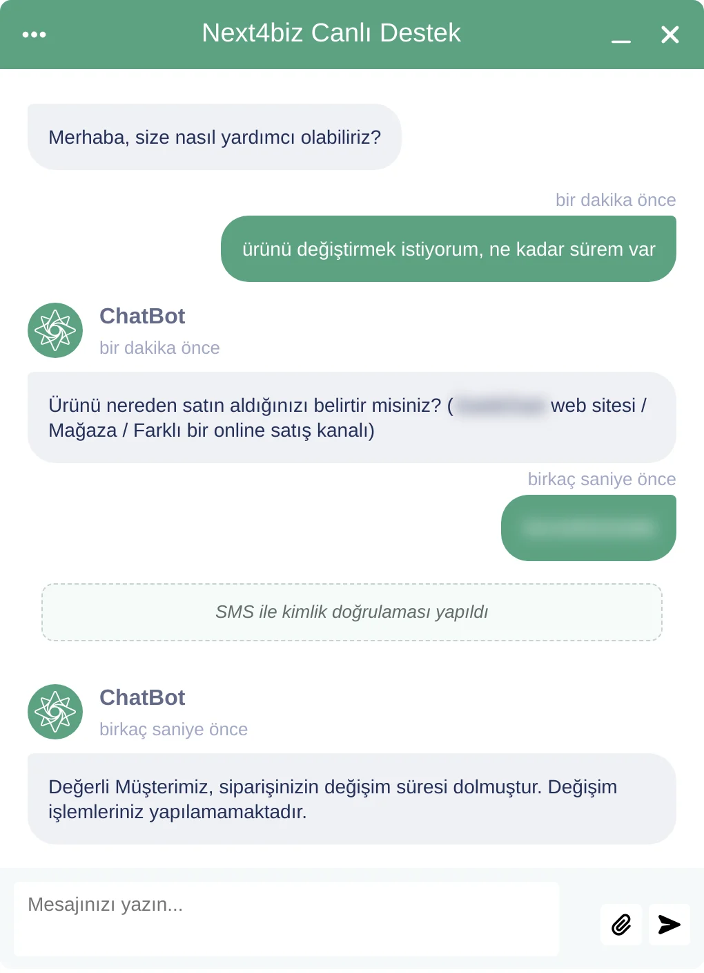 Aynı sipariş için değişim penceresinin sorgulandığı konuşma