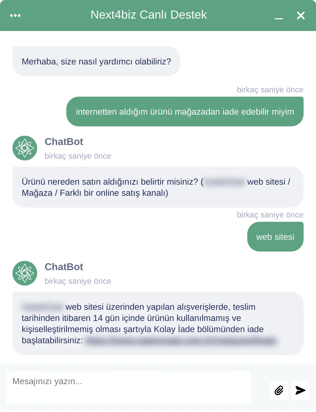 Siparişin verildiği kanalın sorulup o kanalın iade politikasının uygulandığı konuşma