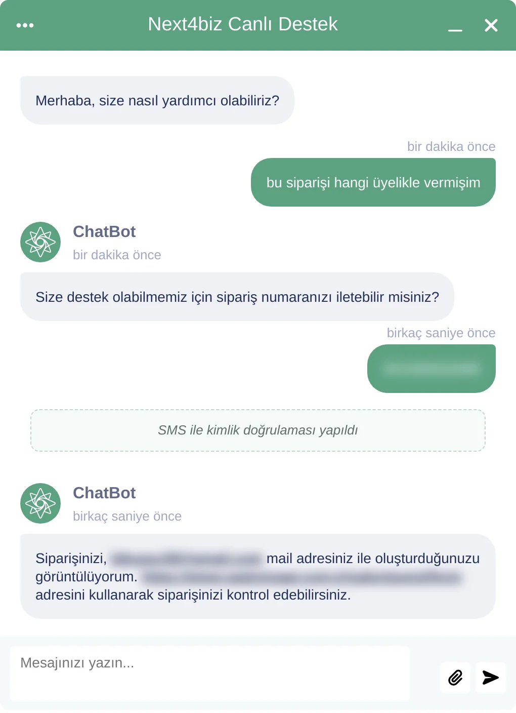 Siparişin hangi hesapla oluşturulduğunun sorgulandığı konuşma