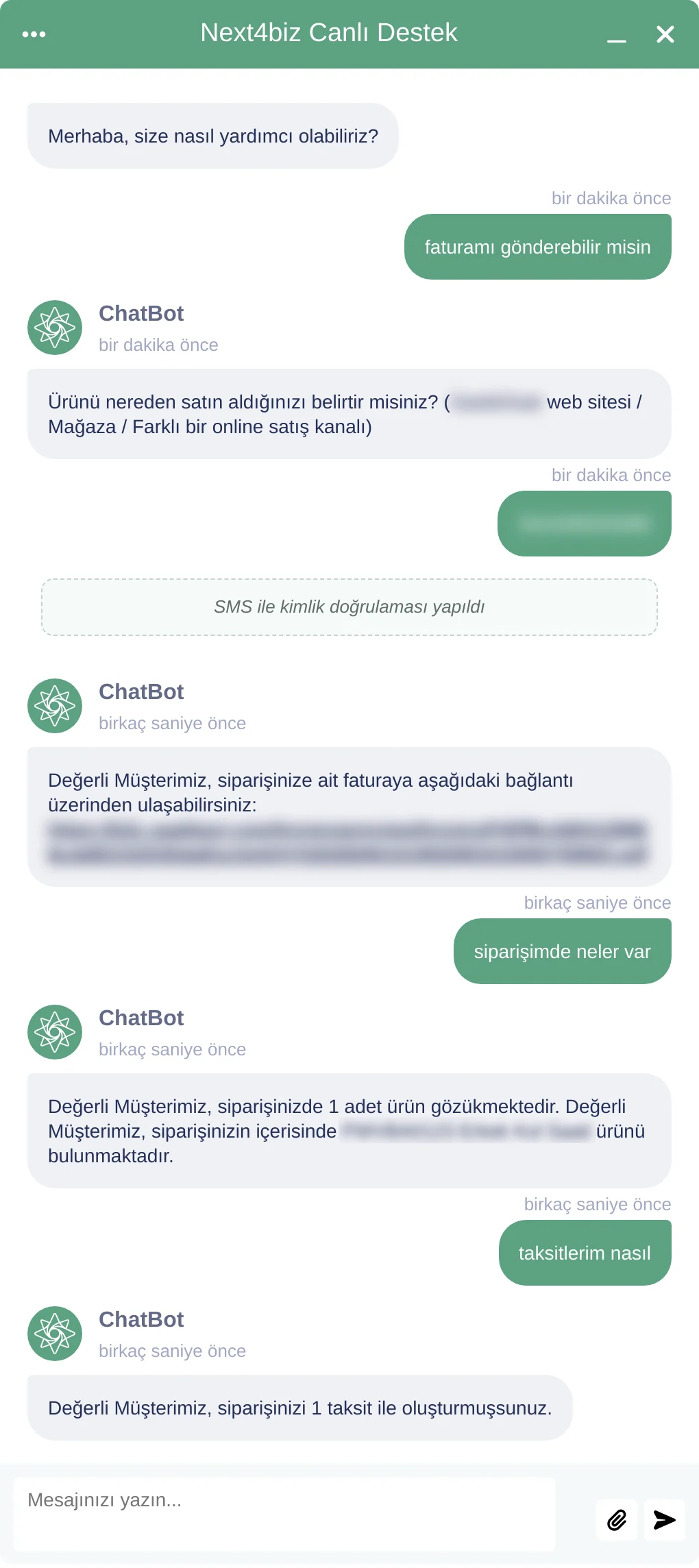 Tek konuşmada fatura, sipariş içeriği ve ödeme planının paylaşıldığı konuşma