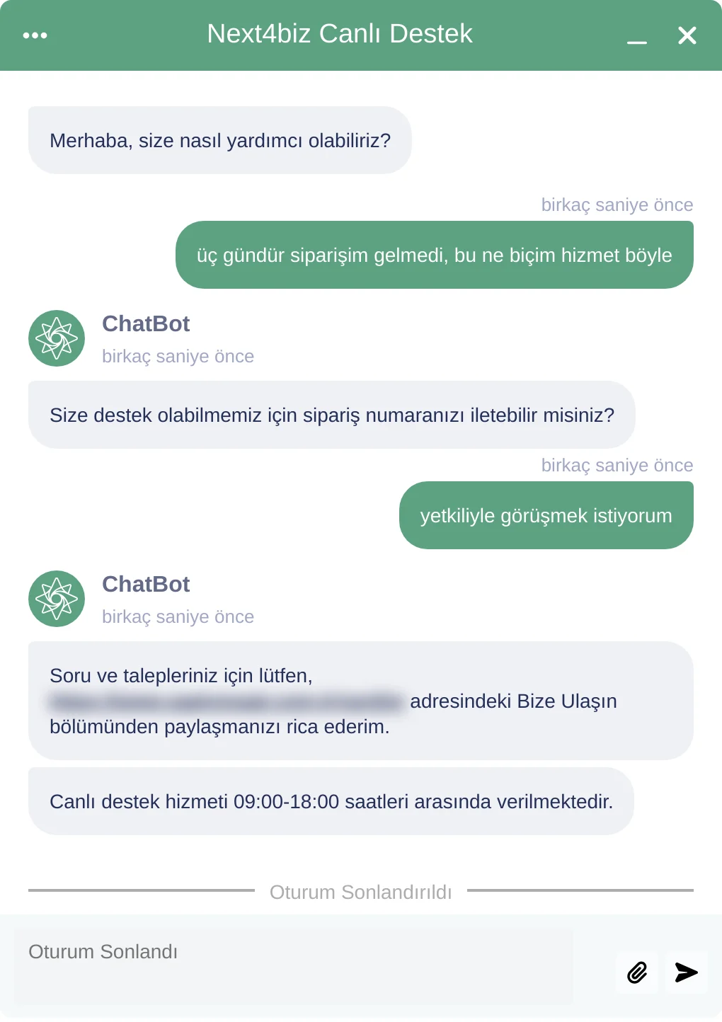 Temsilci talebinde yönlendirme ve canlı destek saatlerinin bildirildiği konuşma