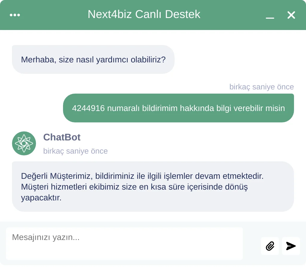 Talep numarasıyla kaydın güncel durumunun bildirildiği konuşma