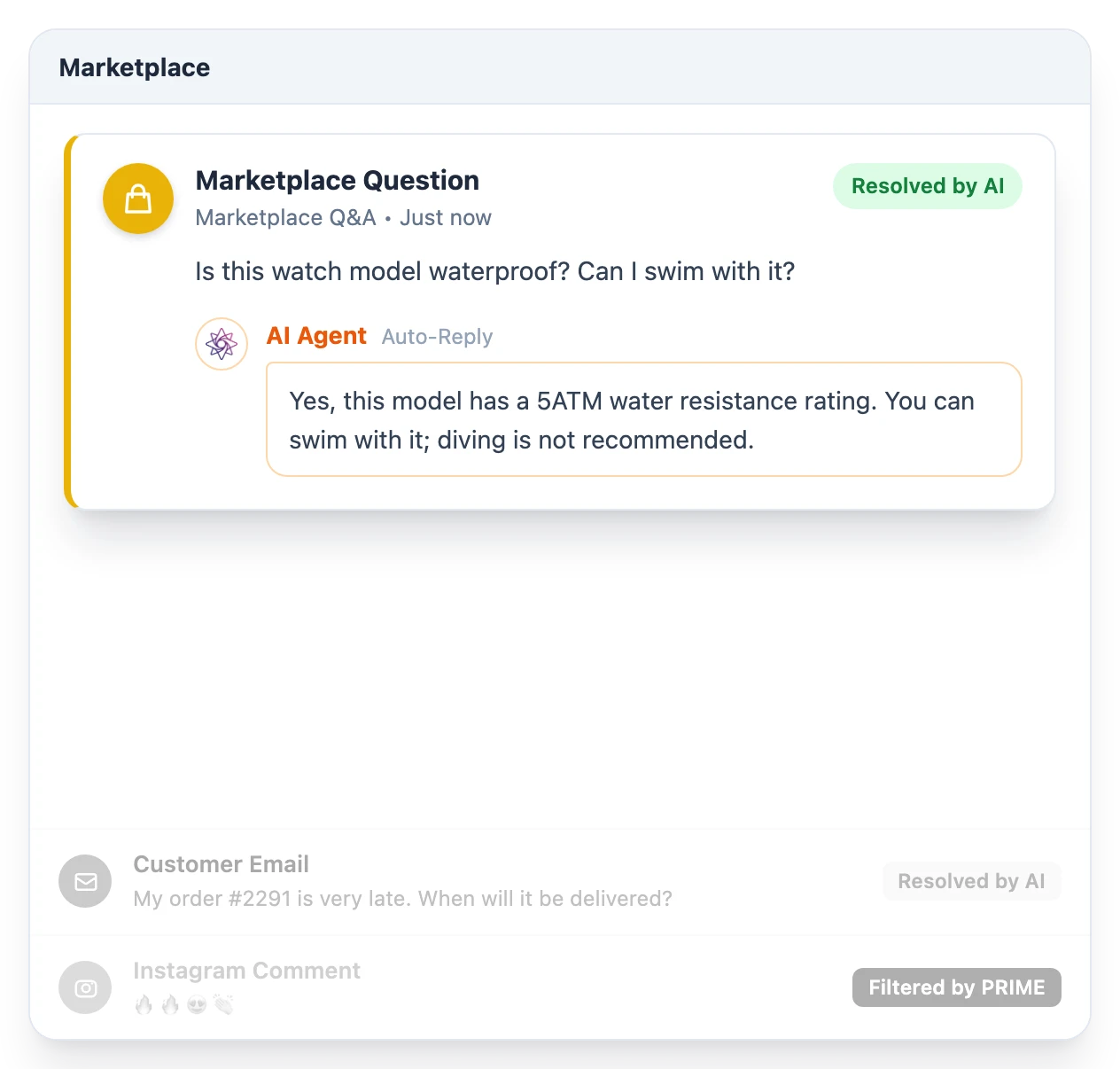 The AI Agent answers a marketplace question: Resolved by AI