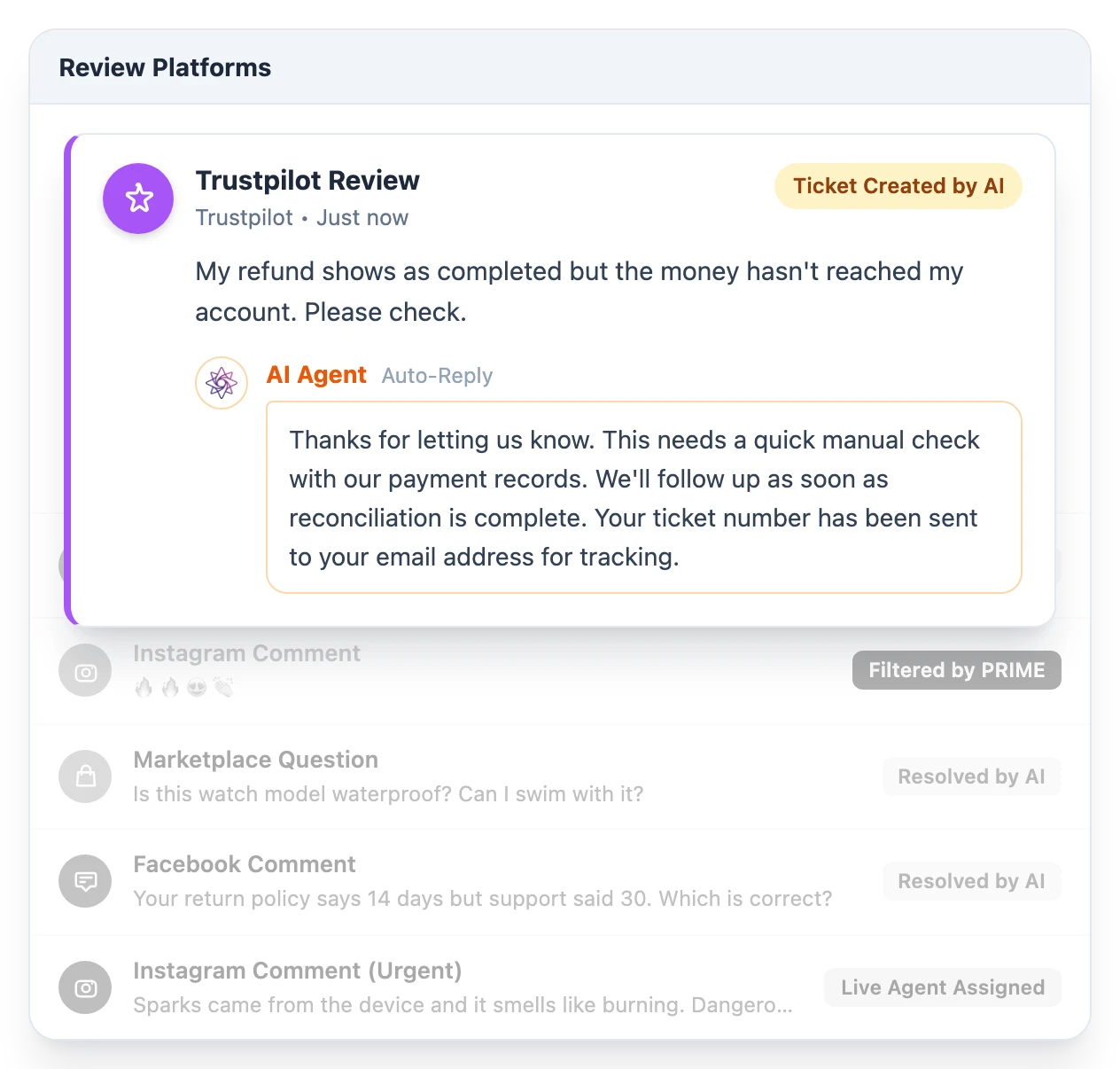 The AI Agent replies to a Trustpilot review and creates a ticket; the ticket number is sent to the customer's email