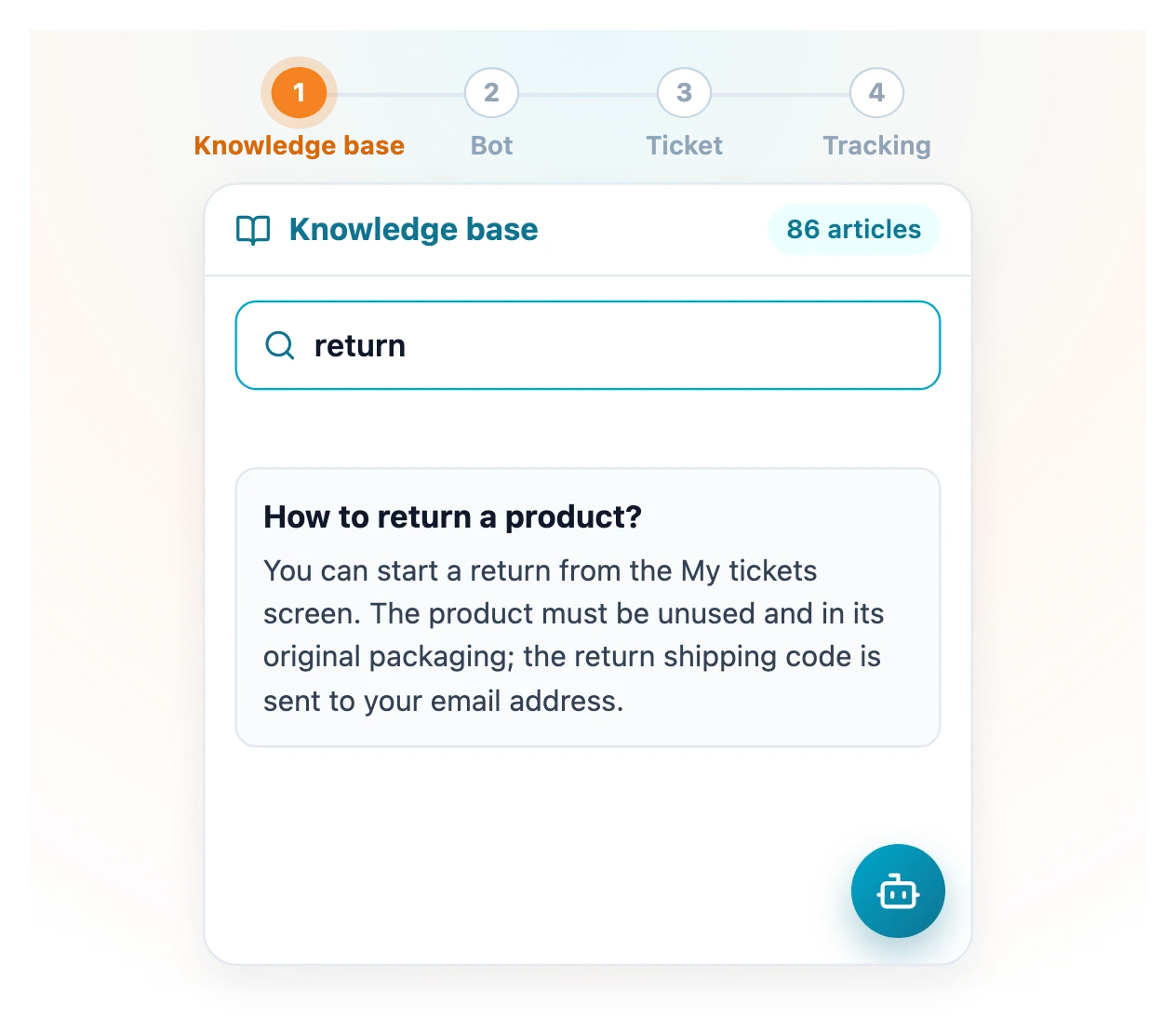 In the self-service portal the customer searches the knowledge base for return and opens How to return a product?