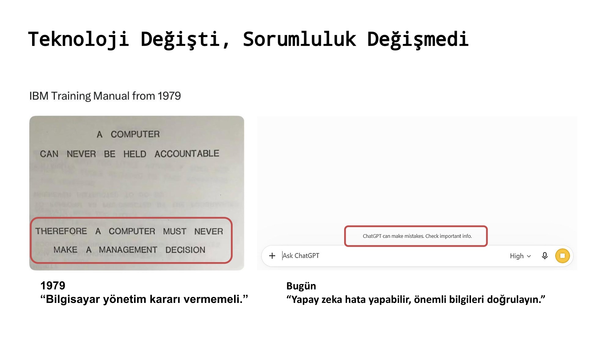 Slayt: Teknoloji değişti, sorumluluk değişmedi — 1979 IBM eğitim kılavuzu ile bugünün ChatGPT uyarısı yan yana